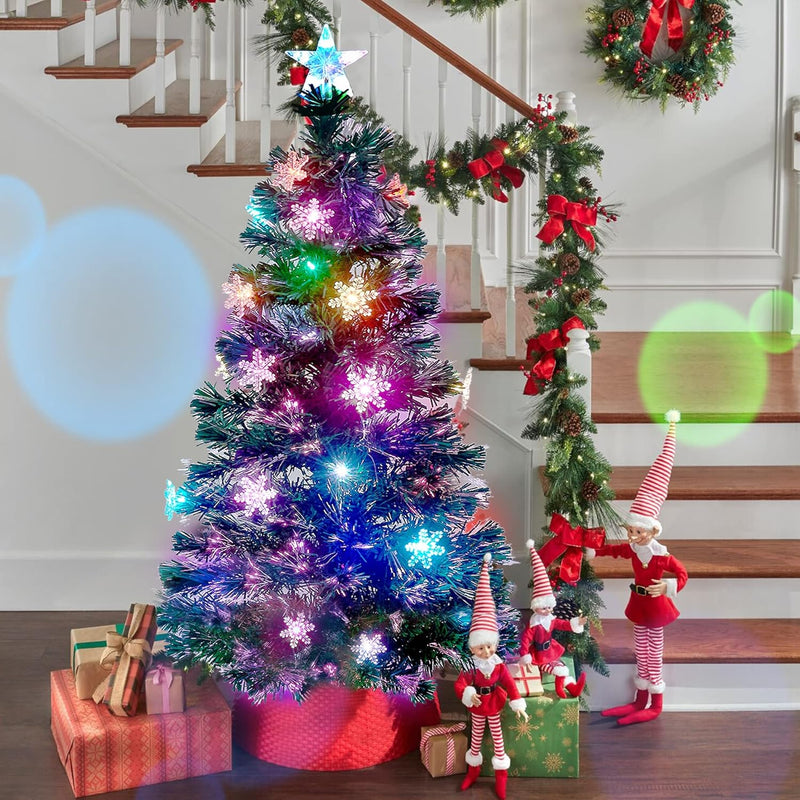 Juegoal 7 ft Pre-Lit Optical Fiber Christmas Artificial Tree, with LED RGB Color Changing Led Lights, Snowflakes and Top Star, Festive Party Holiday Fake Multicolor Xmas Tree with Sturdy Metal Legs