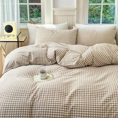 LifeTB Tan Gingham Grid Duvet Cover Queen 3 Pieces Beige Plaid Duvet Cover 100% Washed Cotton Boho Plaid Comforter Cover with 2 Pillowcases Farmhouse Checkered Gingham Bedding Set Queen