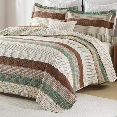 Striped Farmhouse Queen Quilt - 100% Cotton Queen Size Quilt Set, Beige Brown Green Lightweight Bedspread for Queen Bed, Breathable Coverlet Bedding Set for All Season, 3-Piece (98"x90")