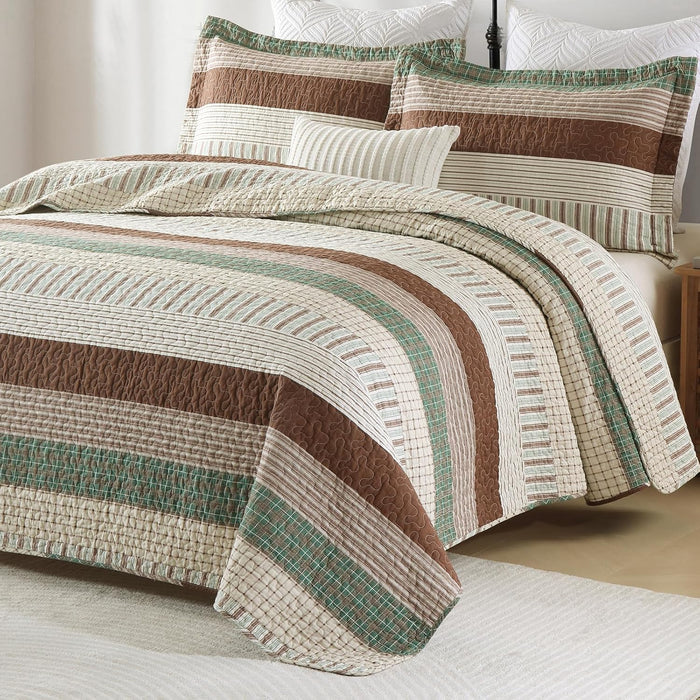 Striped Farmhouse Queen Quilt - 100% Cotton Queen Size Quilt Set, Beige Brown Green Lightweight Bedspread for Queen Bed, Breathable Coverlet Bedding Set for All Season, 3-Piece (98"x90")