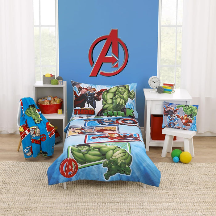 NoJo Marvel Spiderman Spidey and his Amazing Friends Spidey Time Red, Blue, and Grey 4 Piece Toddler Bed Set - Comforter, Fitted Bottom Sheet, Flat Top Sheet, and Reversible Pillowcase