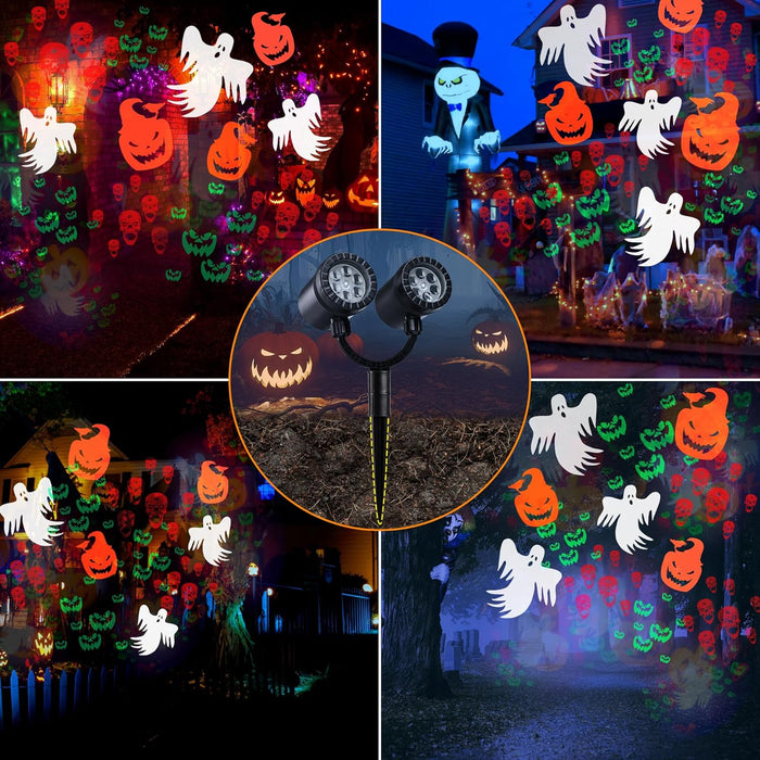 Toodour Halloween Projector Lights Outdoor, Double Head Dynamic Halloween Lights Projector with Timer, Waterproof Ghost Skeleton Devil Pumpkin Light for Home Window Wall Decor