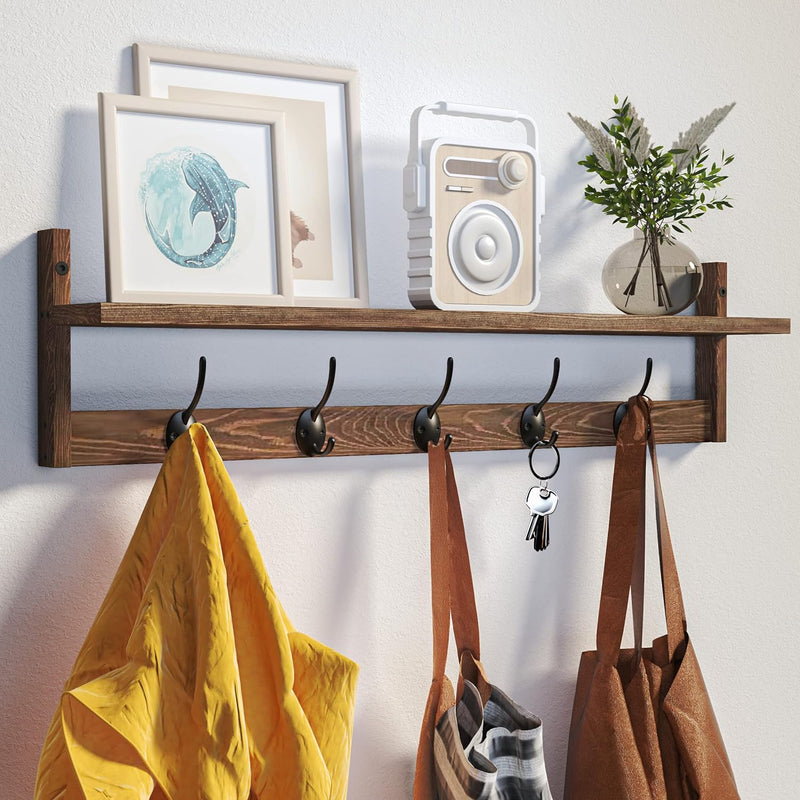 BAMEOS Wall-Mounted Shelf with Hooks - 28.9 Inch Entryway Hanging Shelf with 5 Dual Hooks for Bathroom, Living Room, Bedroom (Black)