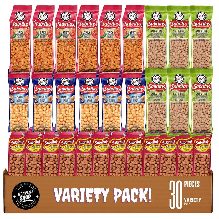 Sabrita's Variety Pack Peanuts, Individually Wrapped - Christmas Gift - Sampler Bulk Care Package Gift Box (30 Count)