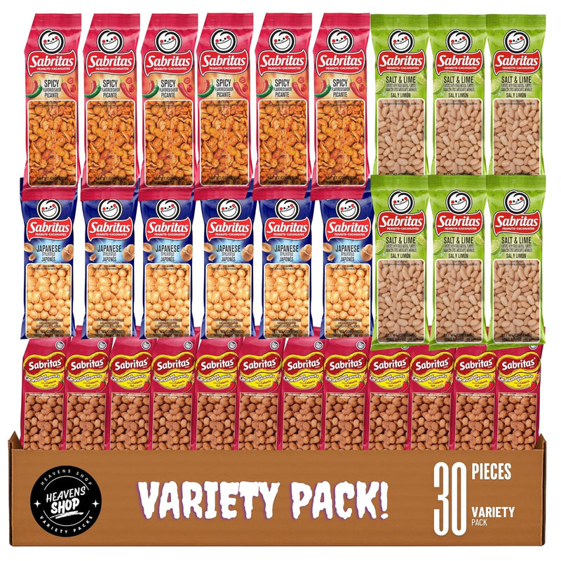 Sabrita's Variety Pack Peanuts, Individually Wrapped - Christmas Gift - Sampler Bulk Care Package Gift Box (30 Count)
