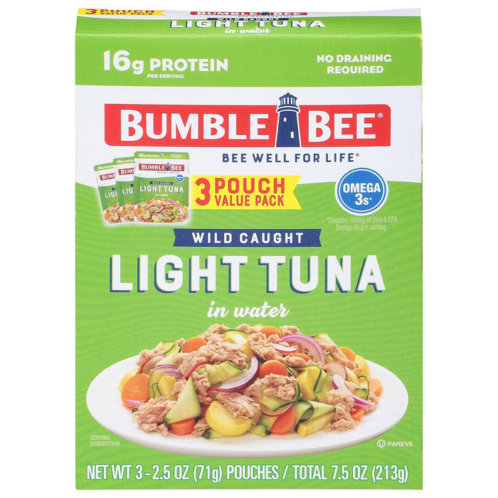 Bumble Bee Chunk Light Tuna in Water, 2.5 oz Pouches (Pack of 12) - Ready to Eat Wild Caught Skipjack Tuna Packet - 16g Protein per Serving - MSC Sustainable Seafood, Non-GMO, Gluten Free, Kosher