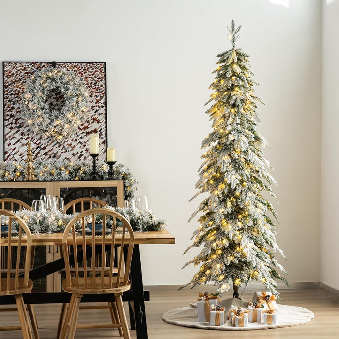 Glitzhome 7.5ft Artificial Christmas Tree, Pre-Lit Flocked Pencil Christmas Tree Chicago Frostwood Spruce with 350 Warm White Lights Home, Office, Holiday Decoration
