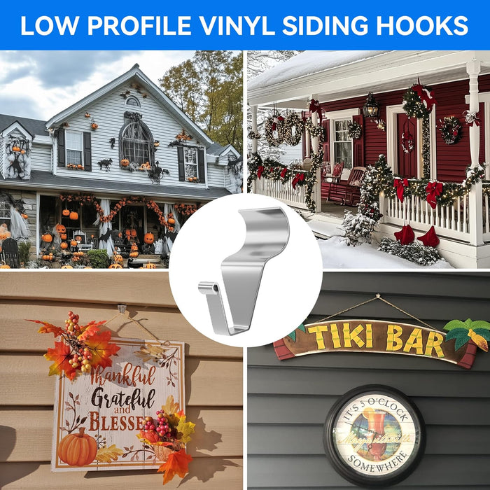 MIUKAA No Hole Vinyl Siding Hooks (12-Pack), Sturdy Hooks for Hanging Outdoor Decor, House Hanger for String Lights & Wreath