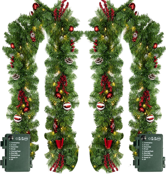 Nerosun 9FT Christmas Garland with 50LED Lights, 2 Pack Battery Operated Prelit Garland Christmas Decorations Timer 8 Mode, Artificial Outdoor Christmas Garland Greenery Pinecone for Indoor Decor