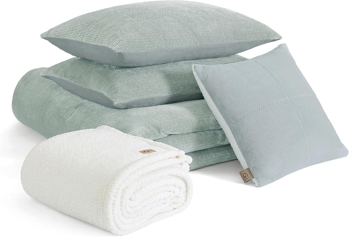 UGG Remina Twin Comforter Set 4 Piece Bed in a Bag with Throw Blanket, Decorative Pillow, Sham, and Reversible Comforter Hypoallergenic Washable Dorm Bedding, Twin XL, Blue-Green Clear Creek