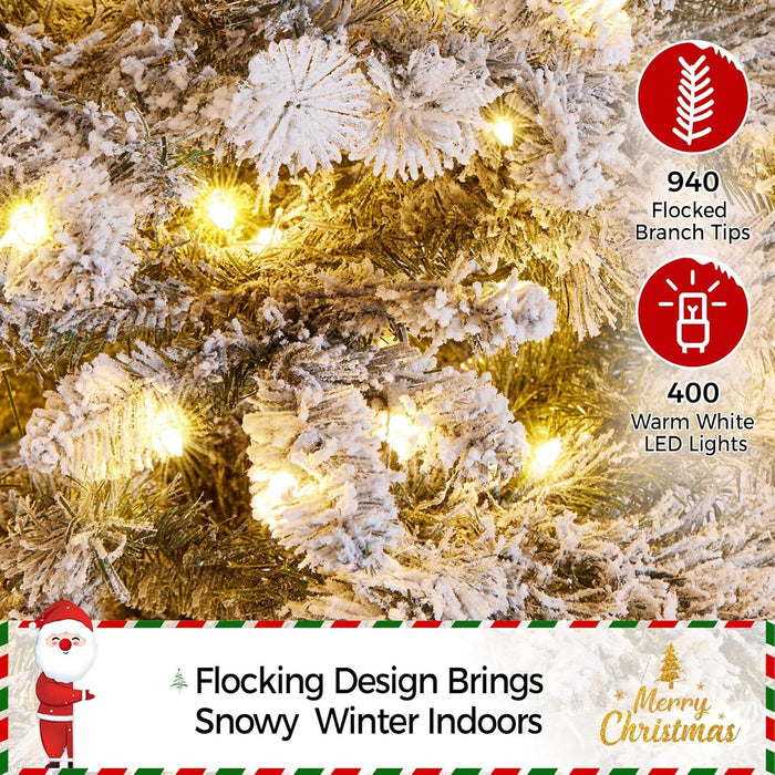 Yaheetech 6ft Pre-Lit Artificial Christmas Tree with 400 Warm White LED Lights & 940 PVC Tips,Hinged Snow Flocked Xmas Tree with Foldable Stand & Protective Foot Caps,Green & White