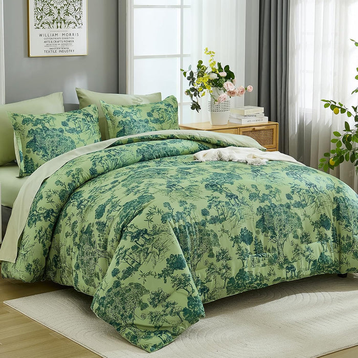 DJY Blue Comforter Set Full, 7 Pieces Full Size Flower Comforters with Sheets Elegant Plants Print Bed in a Bag Soft Microfiber Reversible Complete Bedding Sets for All Season