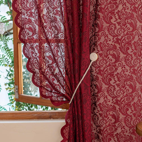 ALIGOGO Burgundy Curtains 84 Inches Long 2 Panels, Cottage Lace Sheer Maroon Curtains for Living Room, Farmhouse Rod Pocket Privacy Floral Scalloped Edges Burgundy Drapes, 52W x 84L Inch