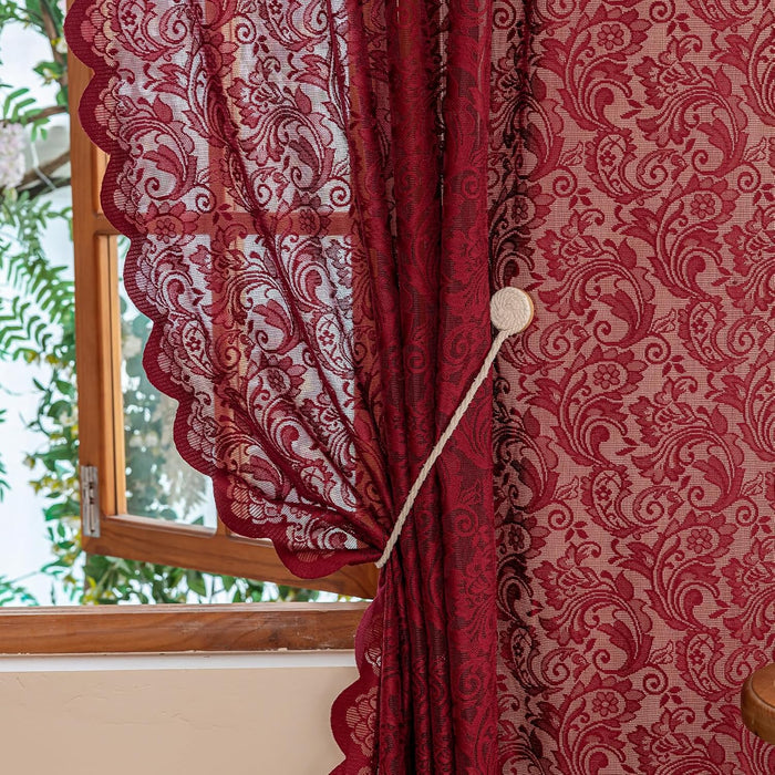 ALIGOGO Burgundy Curtains 84 Inches Long 2 Panels, Cottage Lace Sheer Maroon Curtains for Living Room, Farmhouse Rod Pocket Privacy Floral Scalloped Edges Burgundy Drapes, 52W x 84L Inch