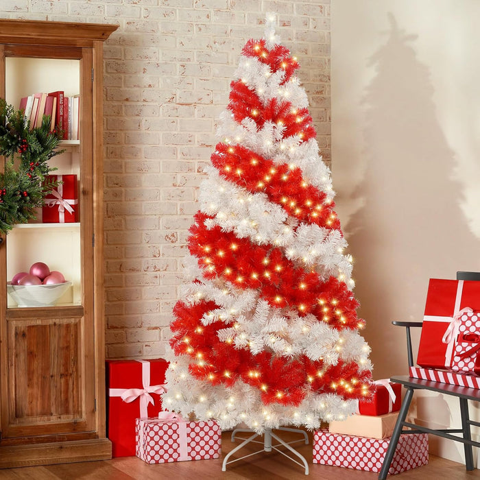 6 FT Candy Cane Artificial Christmas Tree, Red and White Swirl Xmas Tree, Pre Lit Christmas Tree with 380 Warm White Lights, 1200 Tips, 8 Color Modes, Metal Stand