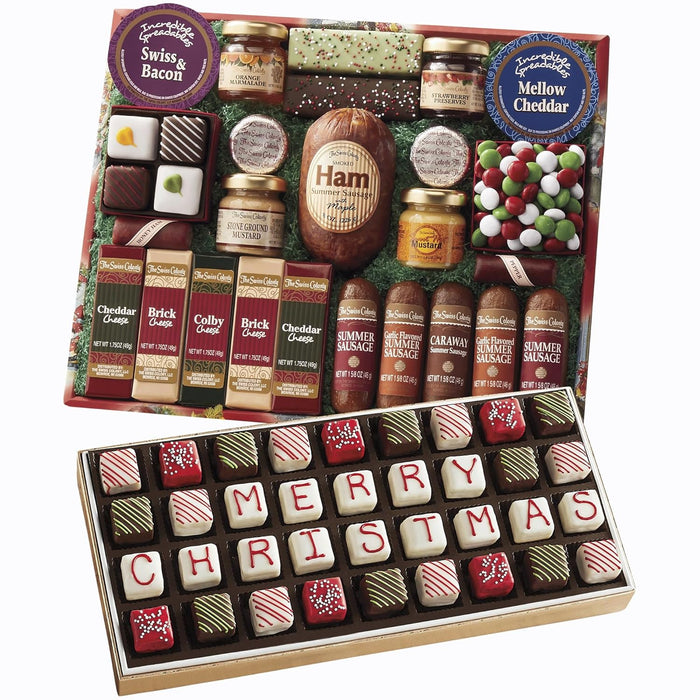 The Swiss Colony 25 Holiday Favorites - Sausage Meats, Cheese Blocks, and Spreadables, Sweet and Savory Treats & Christmas Petits Fours - Chocolate & Swiss Creme Gourmet Mini Layer Cakes Pack of 24