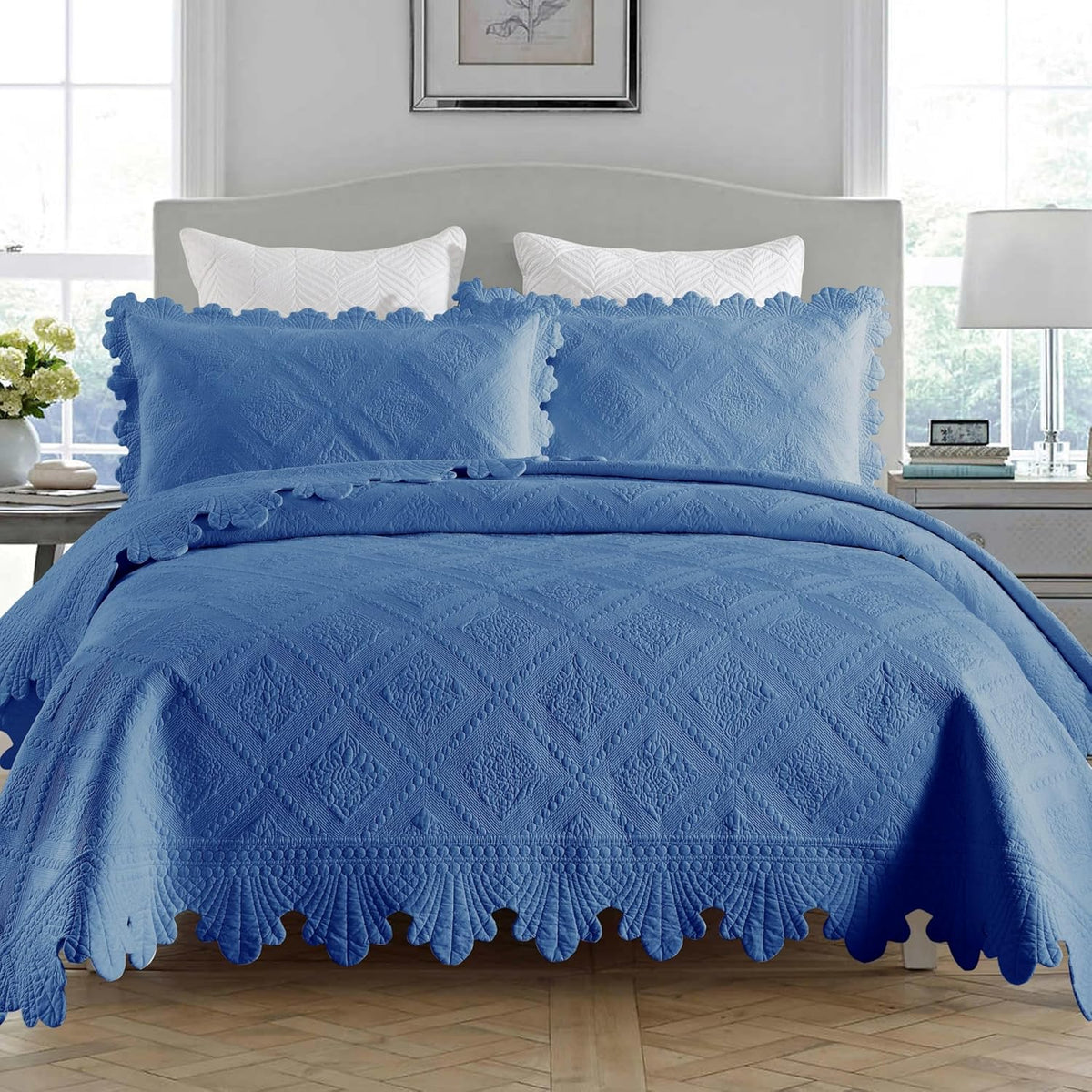 MarCielo 3-Piece 100% Cotton Oversized Bedspread Lightweight Quilt Coverlet Embroidery Farmhouse Bedding Set (TG Bright White, Oversized King (118"x106"))