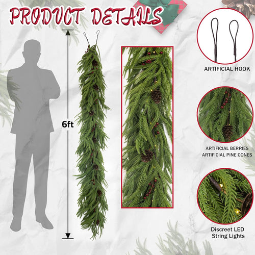 2 Pcs 6 Feet Christmas Garland - Norfolk Pine Garland - Christmas Decorations - for Table,Mantle,Fireplace,Wall,Indoor Outdoor - Garland for Christmas Decorations - Free Battery LED Lights
