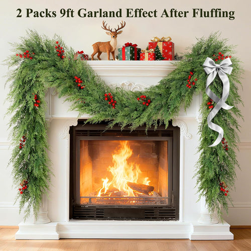 9Ft Christmas Garland, Artificial Cedar Cypress Garland with Red Berry, Bendable Faux Pine Realistic Greenery Garland for Table, Stairs, Porch, Mantle, Fireplace Indoor Outdoor Christmas Decorations