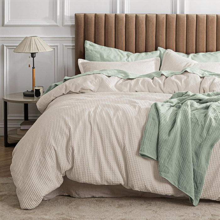 Bedsure Waffle Comforter Set Queen, Khaki Soft Bedding, Waffle Weave Bed Set, 3 Pieces, 1 Comforter (90"x90") and 2 Pillow Shams, Cotton Shell and Polyester Lining for All Seasons
