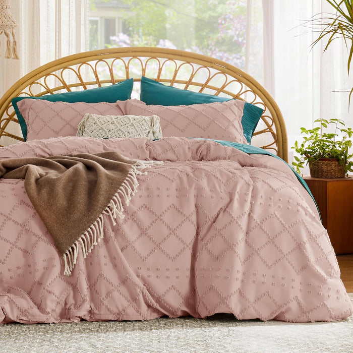 Bedsure Boho Duvet Cover Queen Size - Dark Green Tufted Boho Bedding, Farmhouse Shabby Chic Embroidery Bedding for All Seasons, 3 Pieces, 1 Soft Jacquard Queen Comforter Cover and 2 Pillow Shams