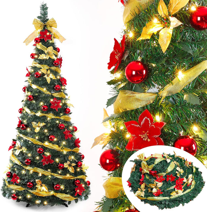 Decoway Pre Lit Pre Decorated Christmas Tree Pop Up Christmas Tree and Warm White LED Lights,Holiday Party Decorations,Red Gold (Yellow, 6 FT)