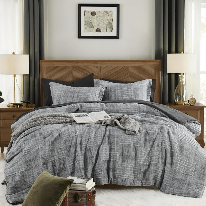 MaiRêve Charcoal Grey King Comforter Set, Textured Design Grey Crinkle Bed in A Bag King Size, 7 Pieces Bedding Set for Men Women with Comforter, Sheets, Pillowcases & Shams 102"x 90"