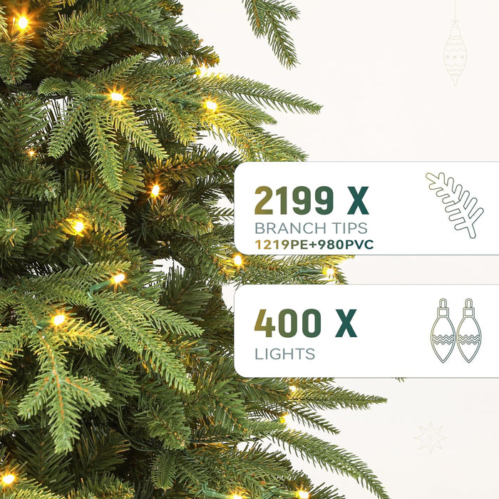 YITAHOME 7.5FT Prelit Slim Fraser Grande Christmas Tree with Remote Control, Artificial Hinged Drooping Pencil Prelit Holiday Christmas Tree w/ 2199 Mixed PE & PVC Tips, 400 Lights & 11 Light Modes