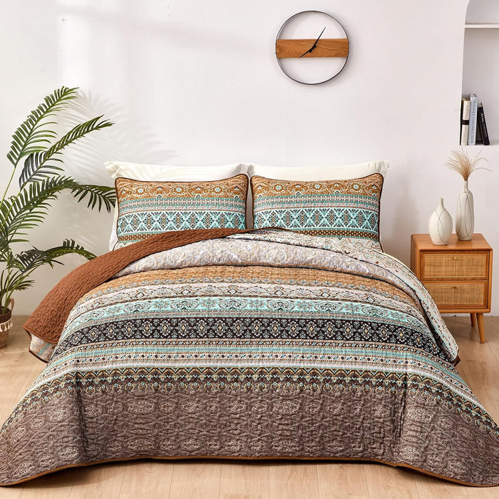 WONGS BEDDING Boho Fall Queen Quilt Set, Blue and Orange Bohemian Queen Quilt Bedding Set, Lightweight Microfiber Bed Decor Bedspread for All Season 96"x90"(3 Pieces)