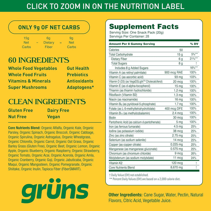 Gruns Adults Super Greens Gummies, Multivitamin Superfood Gummy Bears with Spirulina, Chlorella, Prebiotics & Fiber for Digestive Health, Adaptogens Supplement with 20 Vitamins & Minerals, 28 Count