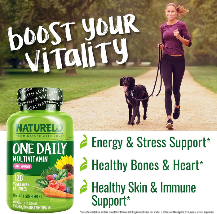 NATURELO One Daily Multivitamin for Women - Energy Support - Whole Food Supplement to Nourish Hair, Skin, Nails - Non-GMO - No Soy - Gluten Free - 120 Capsules - 4 Month Supply