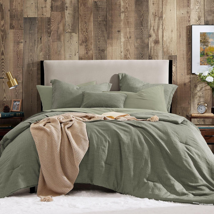 Geniospin California King Comforter Set - 7 Pieces Comforter King Size, Soft Solid Bedding Set for All Season, Textured Bed in a Bag with Sheets, Pillowcases & Shams (Dark Green,108''x92'')