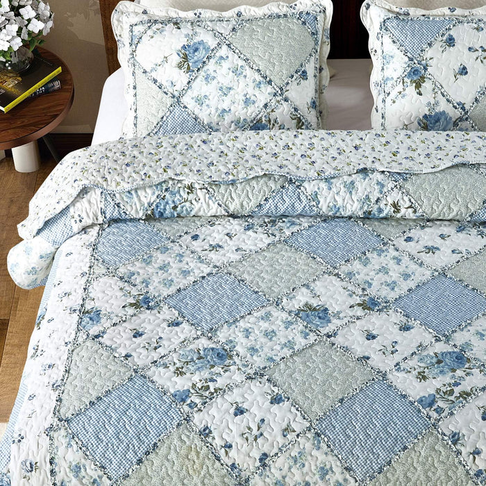 VIVILINEN Blue Floral Patchwork Quilt Set King Size Reversible Quilted Bedding Set with 2 Pillowcases