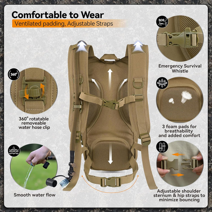 MARCHWAY Tactical Molle Hydration Pack with 2.5L TPU Water Bladder, Low-Profile Organized Military Backpack for Hiking, Cycling, Backpacking, Hunting, Running