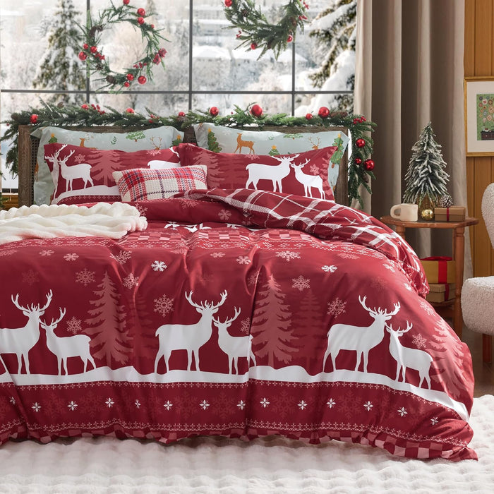 Bedsure Christmas Duvet Cover Queen - Christmas Bedding Set, Reversible Buffalo Check Printed Plaid Duvet Cover, 3 Pieces Bedding Set with 2 Pillow Shams (Queen, Reindeer)