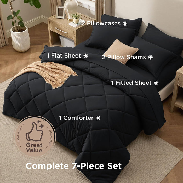 Bedsure 7 Pieces Queen Comforter Set Premium Series, Hotel Luxury Soft Bed in a Bag, Goose Down Alternative, Safe for Sensitive Skin Bedding Comforter All Season Medium Warmth, Black Queen Size,