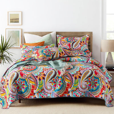 Qucover California King Quilt, Boho Paisley Pattern Colorful Cotton Quilt, 3 Piece Lightweight Oversized King Quilt, with Pillow Shams, Multicolor Red, Pink, Orange and Blue Cal King Quilt, 118x106