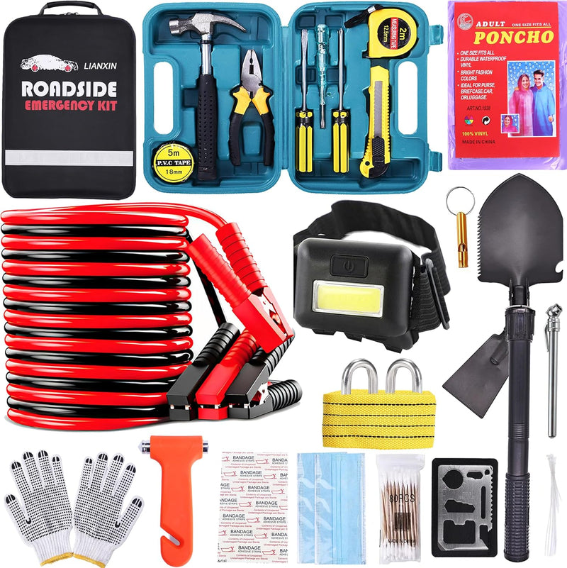Roadside Assistance Emergency Kit - Car Emergency Kit with Jumper Cables (Upgraded) Emergency Roadside Kit for Car 142 Pieces Car Safety Kits,Tow Strap,Tool Kit,Reflective Warning Triangle
