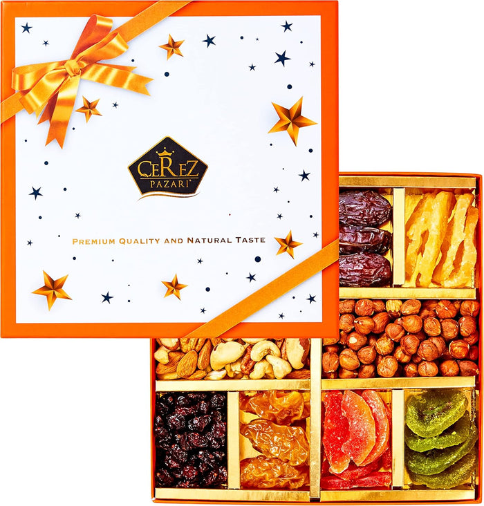 Cerez Pazari Dried Fruit and Nuts Gift Basket, Gourmet Holiday Gift Box Variety Of 10, Healthy Party Snack, Elegant Orange Box, 1.43 lbs