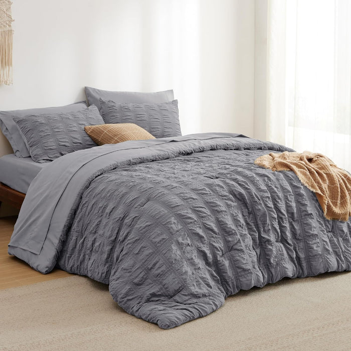Bedsure Bed in a Bag Full - 7 Pieces Plaid Seersucker Bedding Comforter Sets, Soft Lightweight White Boho Bed Set with Comforters Full Size, Sheets, Pillowcases & Shams