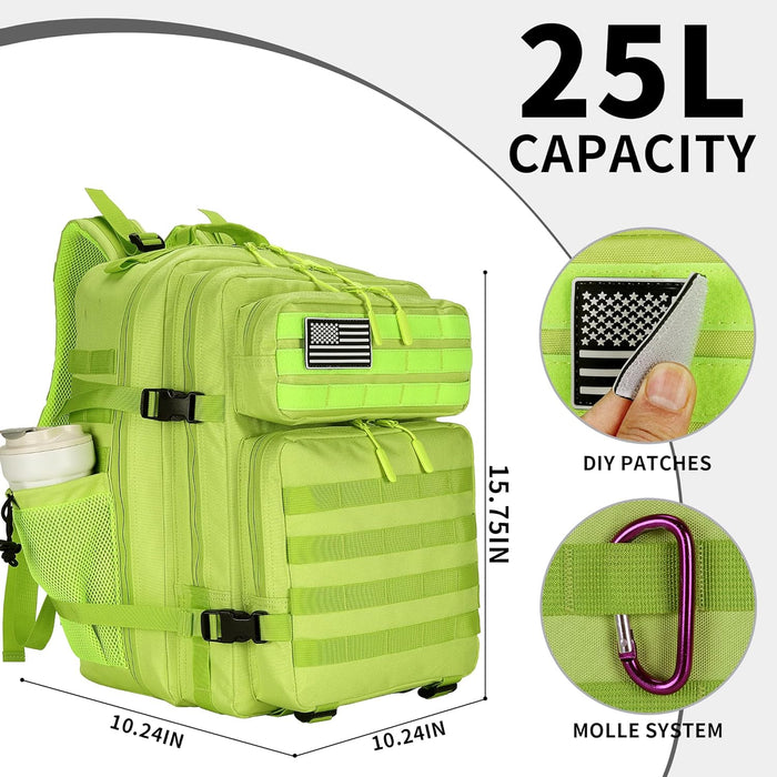 25L Tactical Backpack Small Military Tactical Backpack Molle Bag Heavy Duty Assault Pack for Work Gym Outdoors (Bright Green)