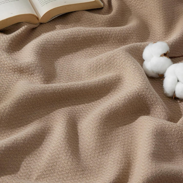 Bedsure GentleSoft 100% Cotton Blanket Queen Size for Bed - Breathable and Lightweight, Soft Cozy Textured Herringbone Woven Blanket for Summer, Linen Beige, 90x90 inches