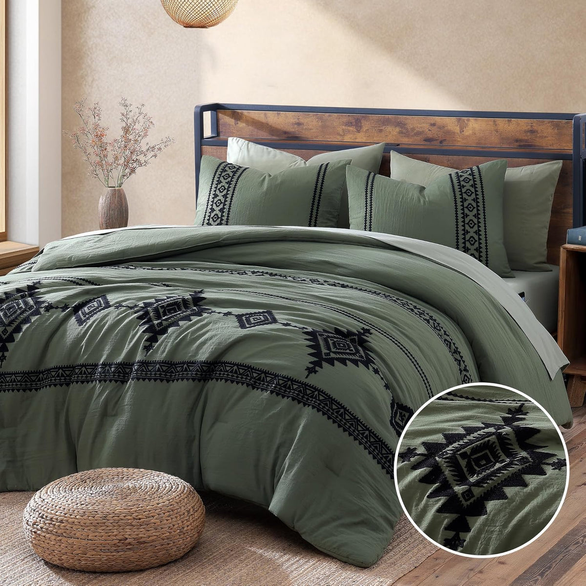 MaiRêve Burnt Orange Embroidery Comforter Set King Size - 7 Pieces, Farmhouse Western Bedding Sets All Season, Boho Bed in A Bag King with Sheets, Comforters, Pillowcases & Shams