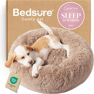 Bedsure Calming Dog Bed for Small Dogs - Donut Washable Small Puppy Bed, 23 inches Anti-Slip Round Fluffy Plush Faux Fur Large Cat Bed, Fits up to 25 lbs Pets, Camel