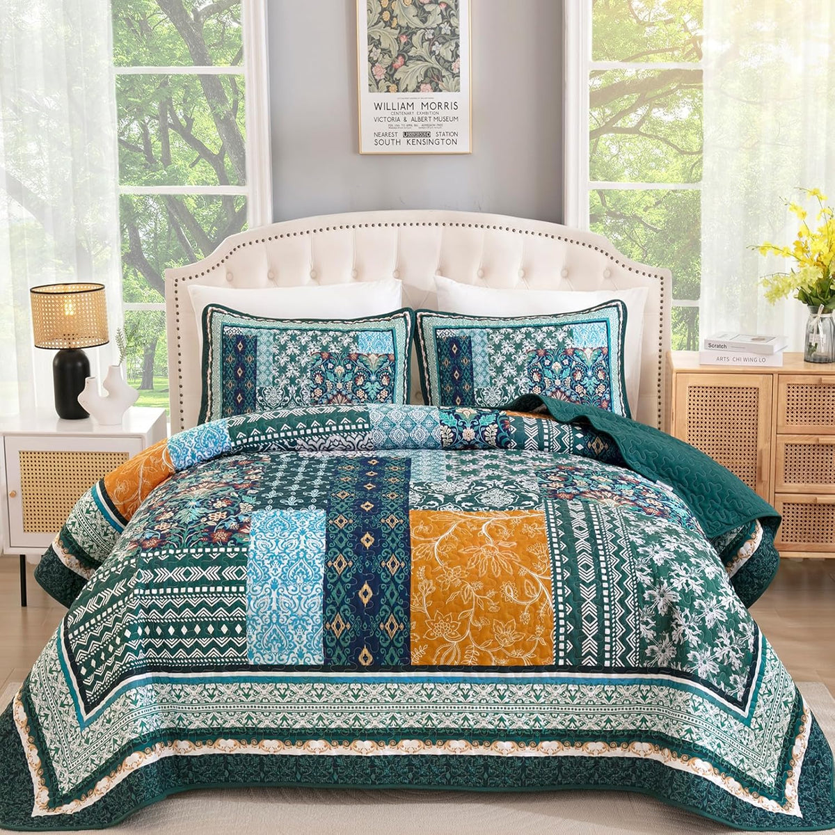WONGS BEDDING Yellow Quilt Set Queen,Bohemian Patchwork Bedspread Coverlet Set, Reversible Boho Floral Pattern Bedspreads Bedding Quilt Set for All Seasons (96"x90")