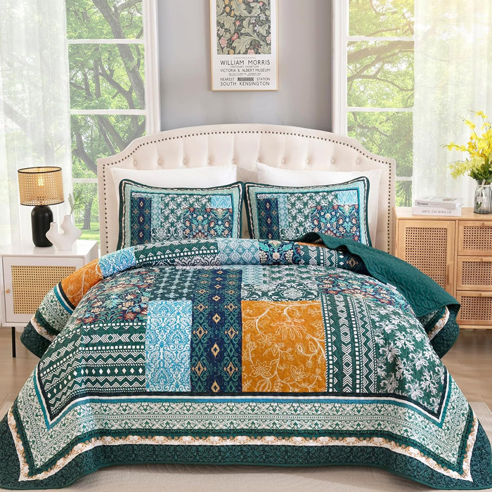 WONGS BEDDING Navy Blue Quilt Set King Size,Bohemian Patchwork Bedspread Coverlet Set, Reversible Farmhouse Floral Pattern Bedspreads Bedding Set for All Seasons (104"x90")