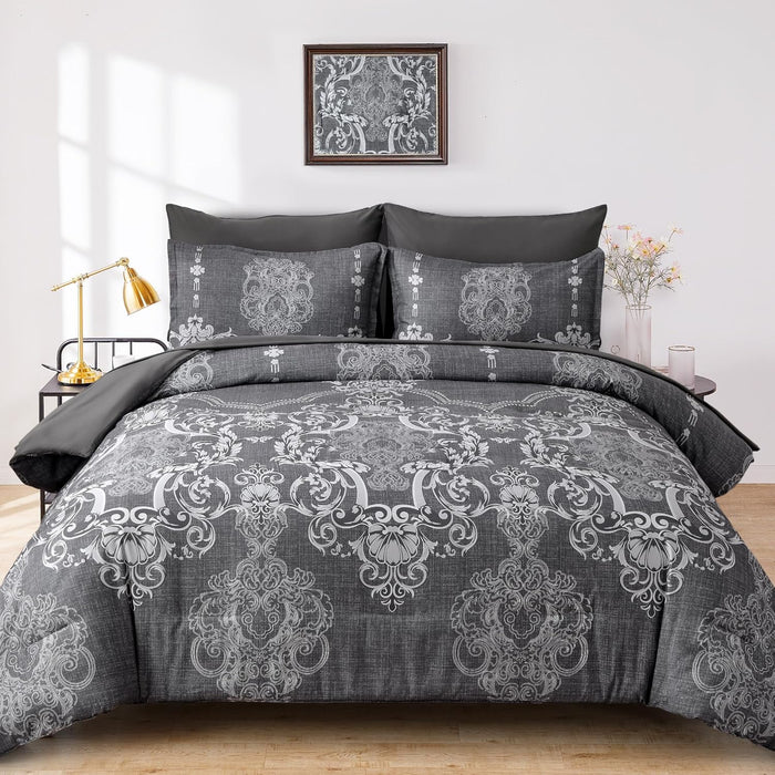 Mybedsoul King Size comforter set, 7 Pieces Boho Bed in a Bag for King Bed, Black Damask Comforter Set with Sheet, Pillowcases & Shams, Soft Microfiber Lightweight Bedding Set for All Season(90"x104")