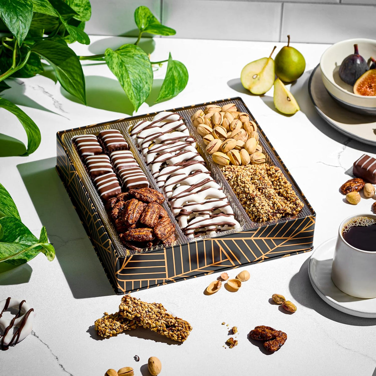 Oh! Nuts Chocolate and Nuts Gift Basket - Gourmet Truffles & Chocolates Pretzels - Assorted Nut Gift Square Metal Tin Box - Healthy Food Gifts Baskets for Holiday, Birthday, Corporate, Women & Men