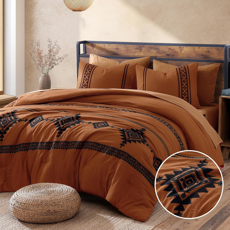 MaiRêve Embroidery Queen Size Comforter Set Black, Boho Farmhouse Western Bedding Set 7 Pieces, All Season Bed in A Bag Comforter Set with Sheets, Pillowcases & Shams