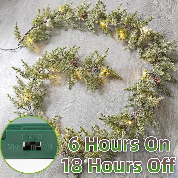 Pine Garland-6FT Christmas Garland,Artificial Evergreen Battery Operated Garland with Lights,Prelit Garland Timer for Mantle Holiday Outdoor Indoor Fireplace Decor